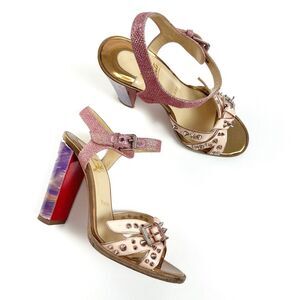 CHRISTIAN LOUBOUTIN Patent Glitter Miss Roma Sandals Size 37 Poudre Ankle Strap